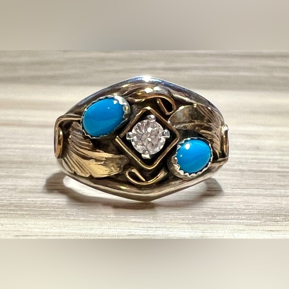 Vintage Designer S. Ray Sterling Silver & Gold Turquoise & CZ Ring, Size 11 - Picture 2 of 10